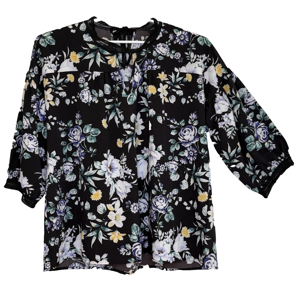 Suzanne Betro Top Blouse Womens Size 1X Black Floral Print 3/4 Sleeve Round Neck